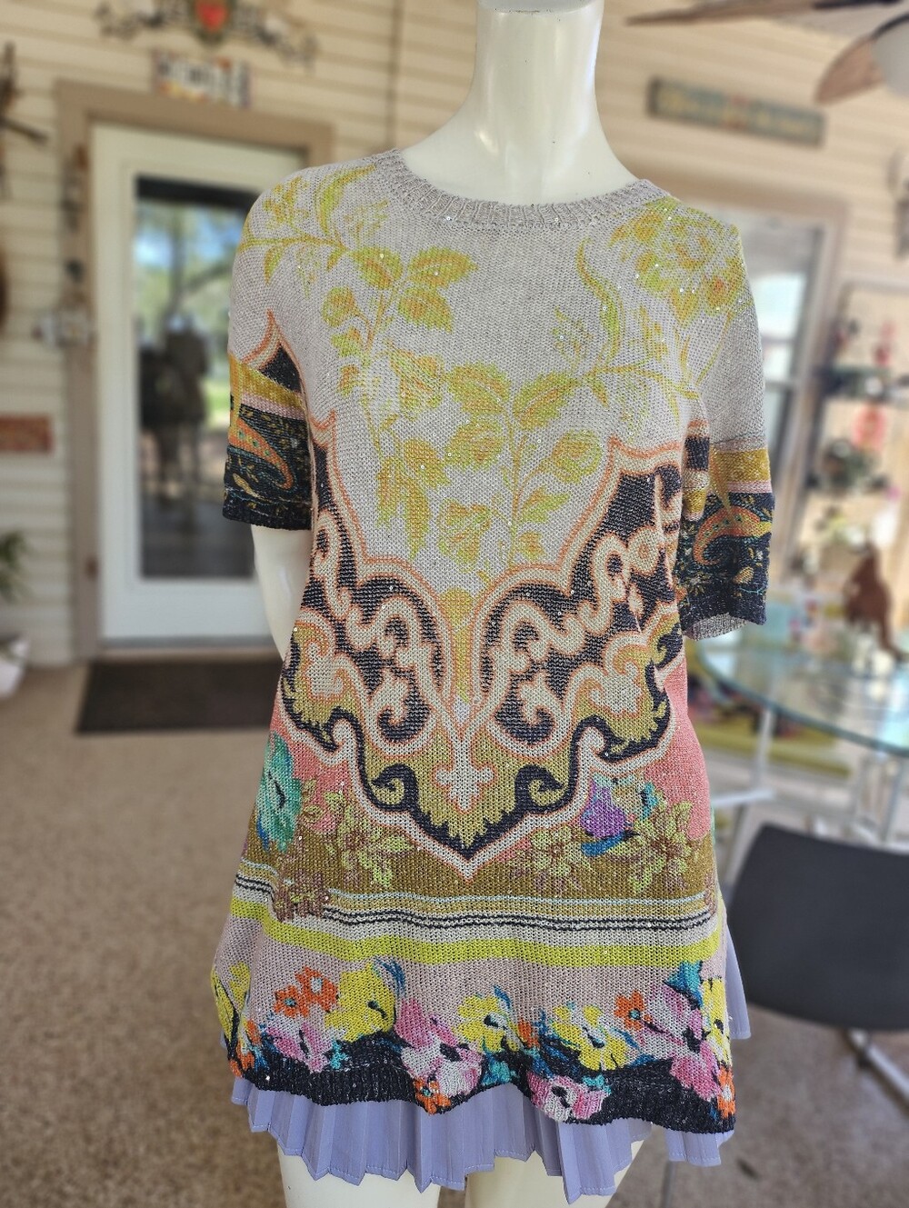 Gorgeous ETRO Linen Knit Tunic Sweater Sequin Detail Size 44 Italy